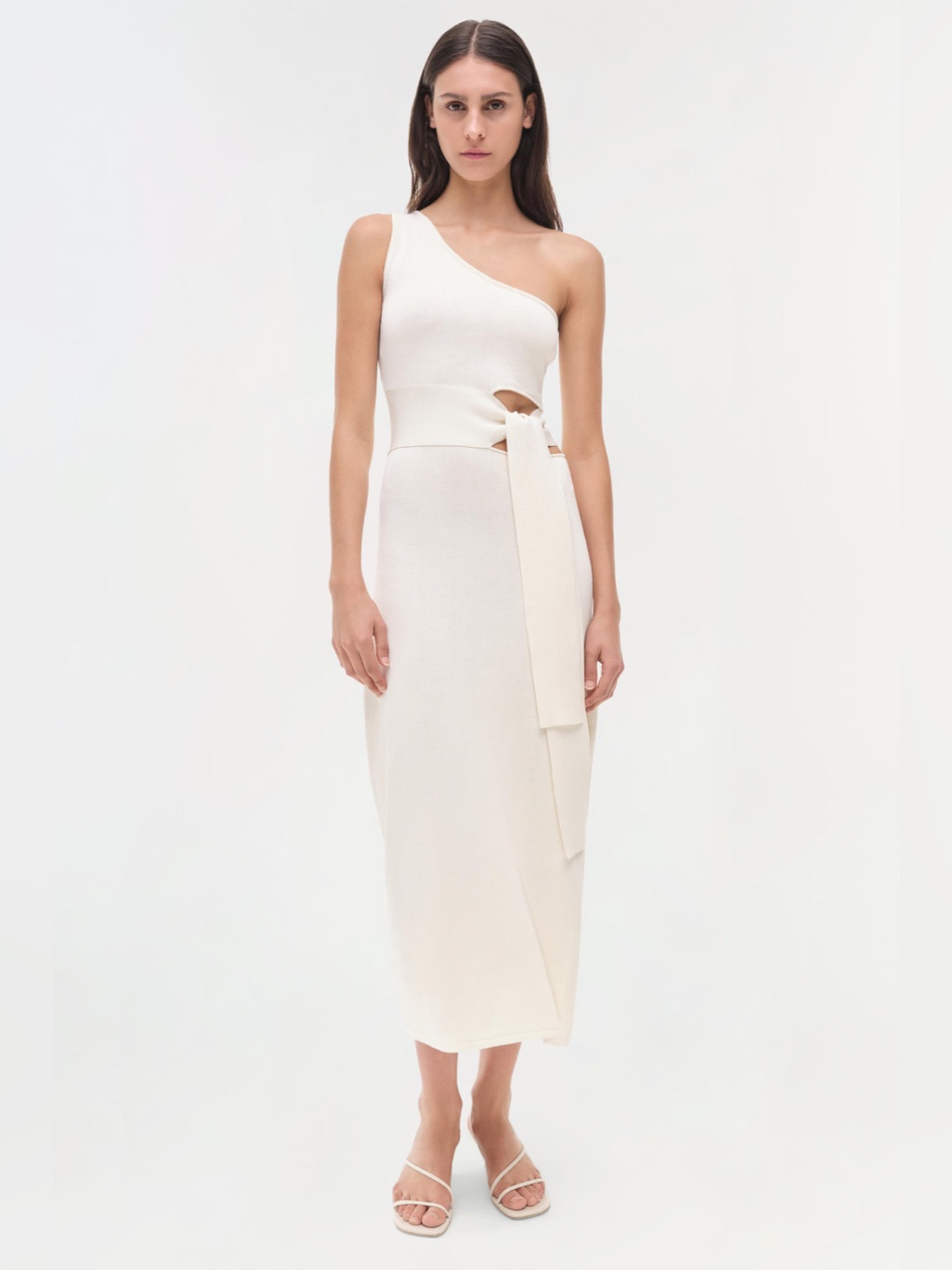 New Simkhai Aurelia Cotton Silk Knit Side Tie One Shoulder Dress, Ivory Small